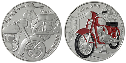 500 Kč 2022. Pamětní stříbrná mince se smaltováním „Motocykl Jawa 250“ - BK