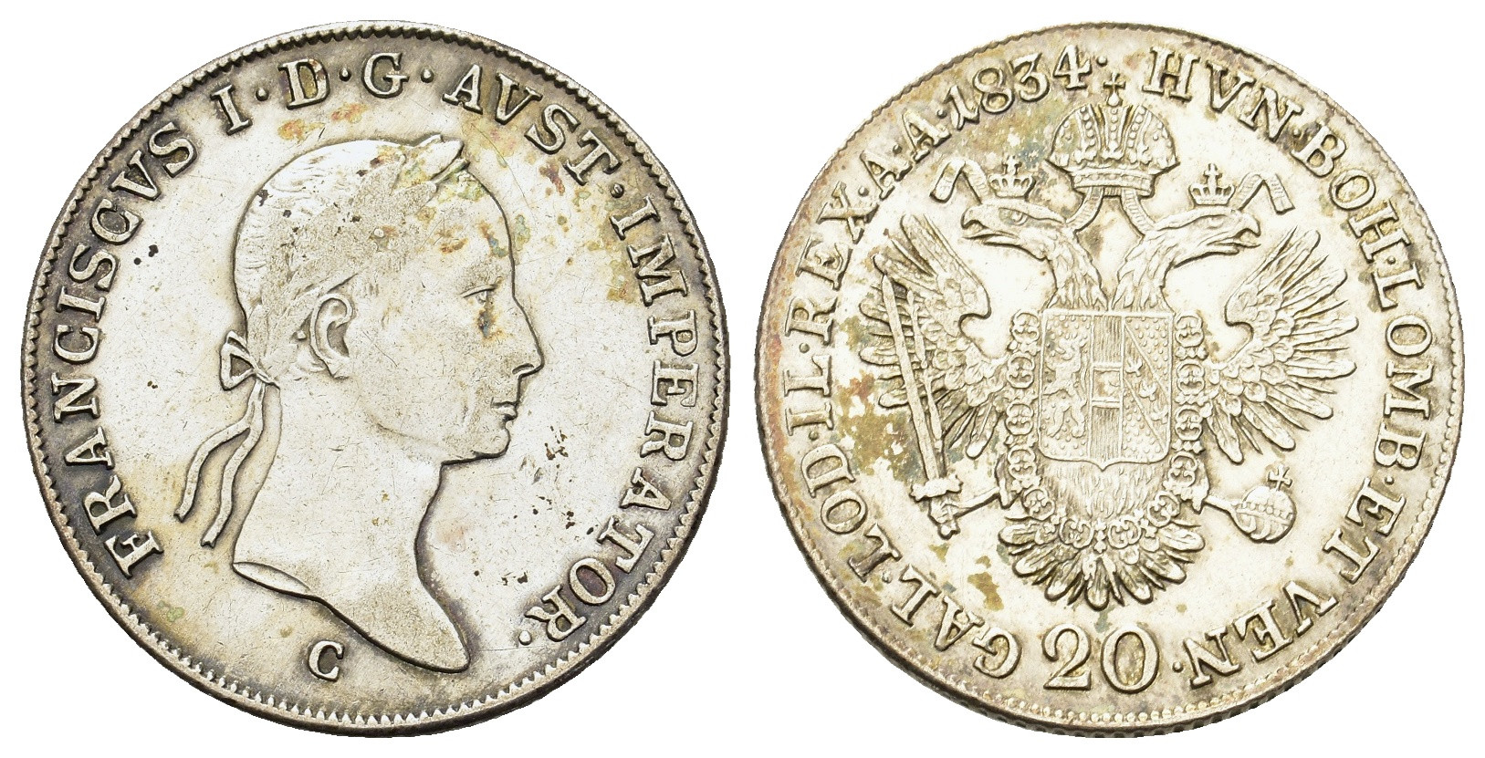 Rakousko - 20 krejcarů 1834 C, (26mm, 6.6g) Praha