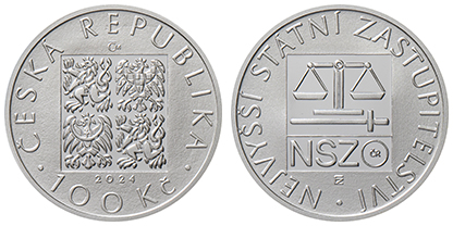 100 Kč 2024. Pamětní stříbrná mince s motivem Nejvyššího státního zastupitelství PROOF