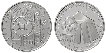 200 Kč 2023.Pamětní stříbrná mince ke 100. výročí zahájení pravidelného vysílání československého rozhlasu PROOF
