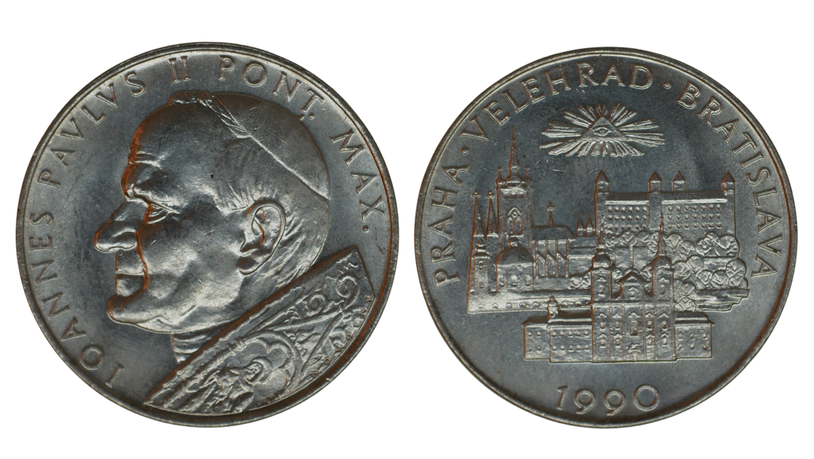 Československo - Medaile, 1990, Jan Pavel II. Pont. Max. Praha . Velehrad . Bratislava. 7g, 27mm