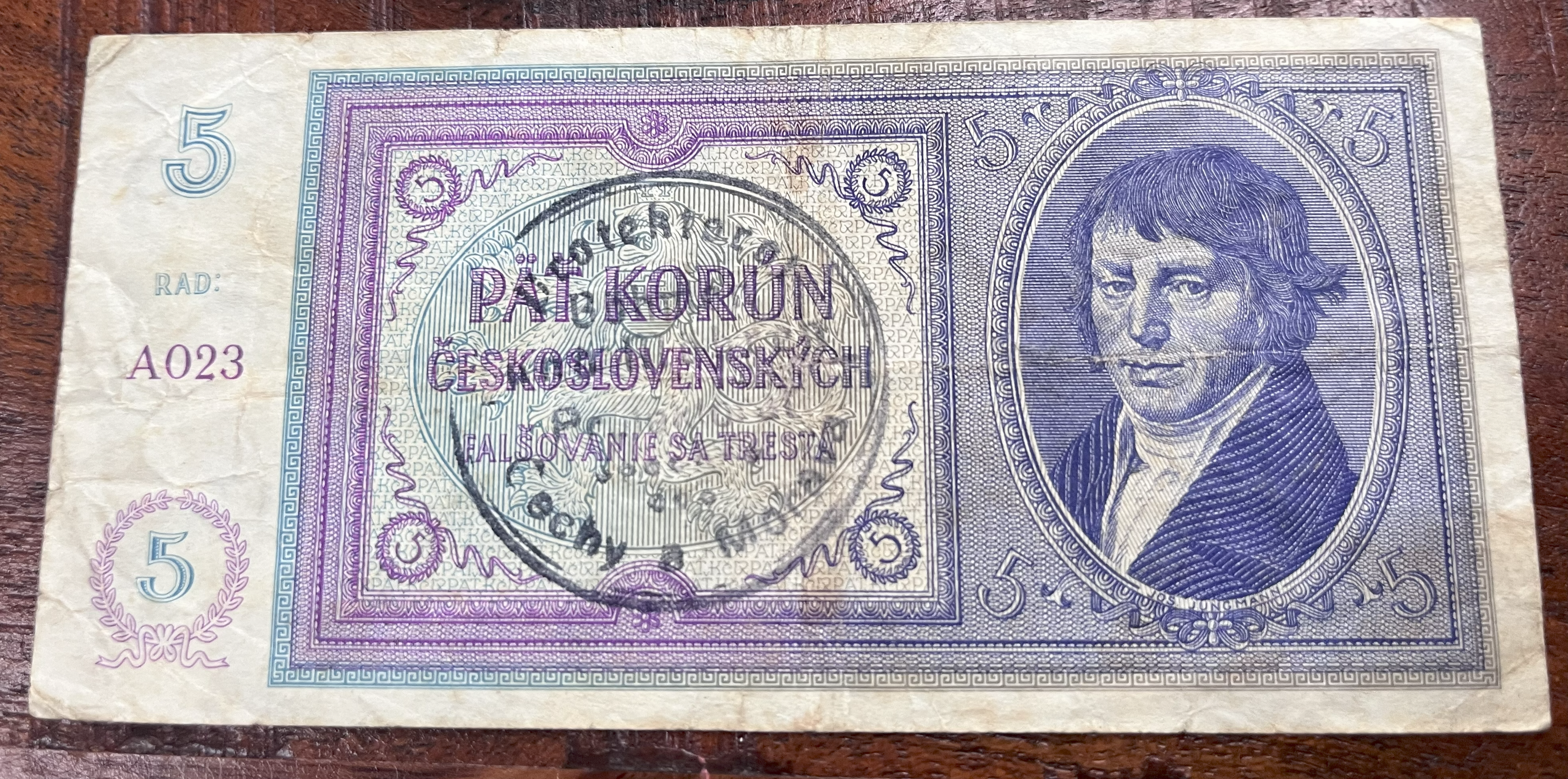 Československo -5 korun , 1938, přetisk 1940