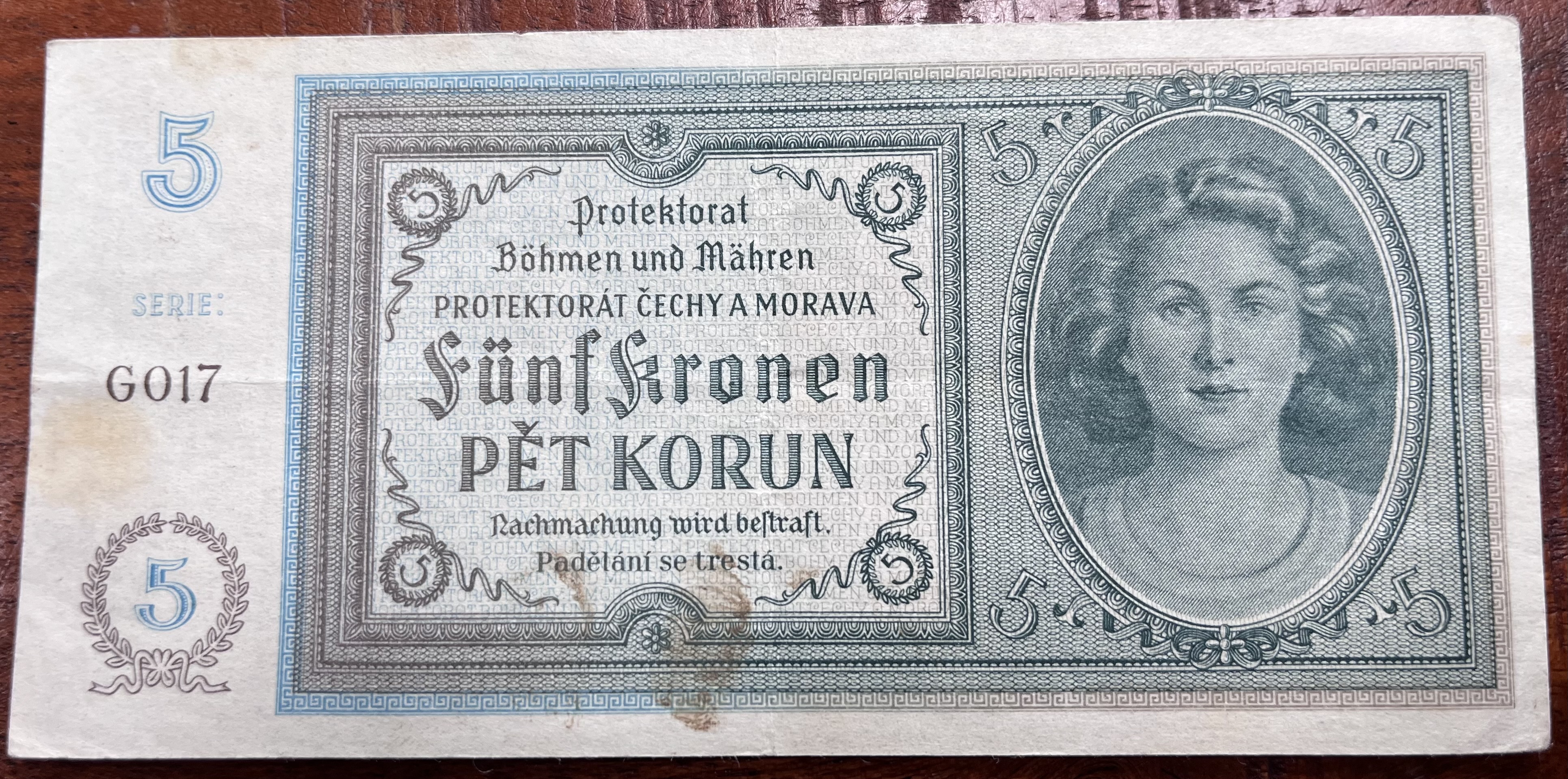 Československo -5 korun, 1940, G17