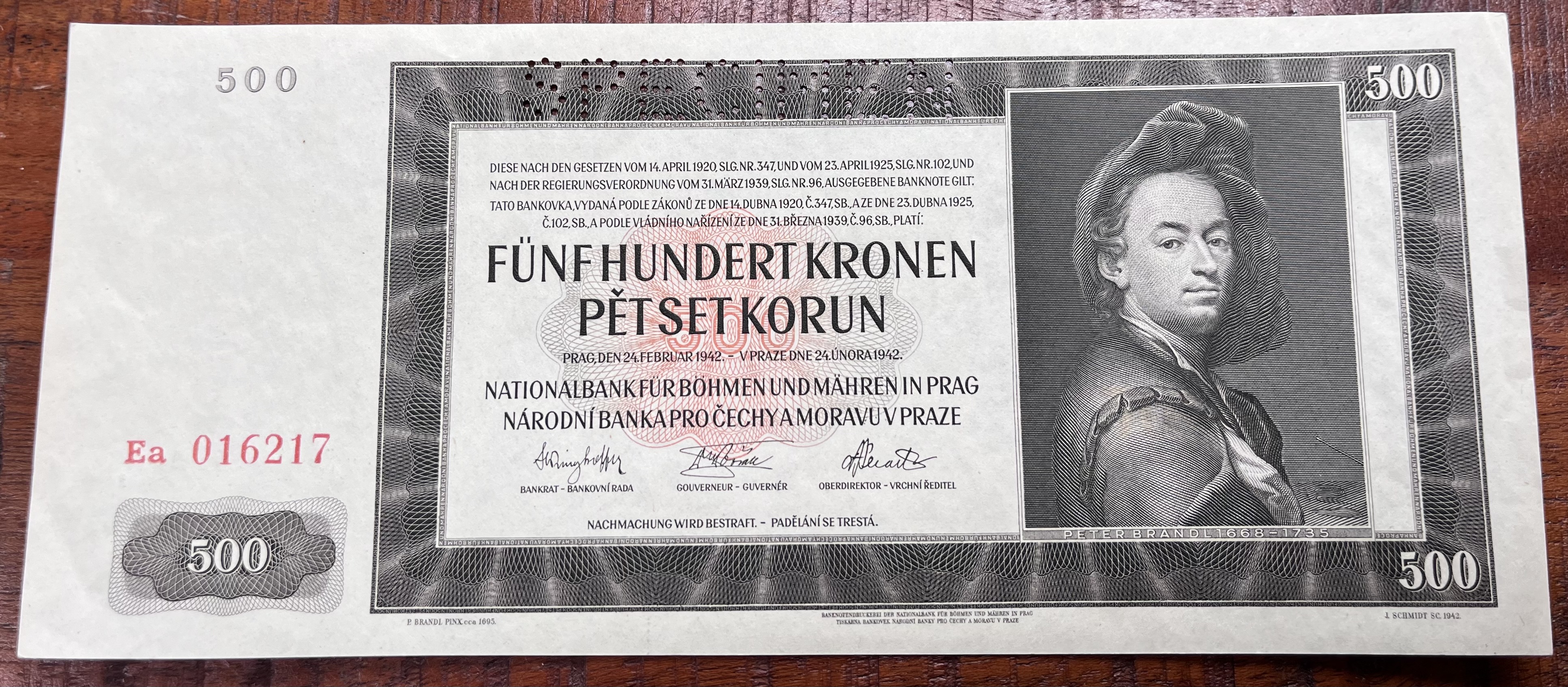 Československo -500 korun, 1942, EA Specimen, UNC