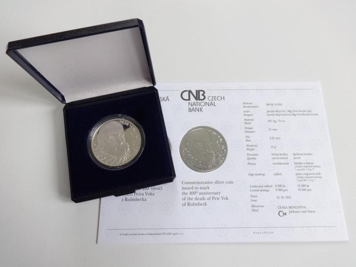 200 Kč 2011. Pamětní stříbrná mince ke 400. výročí úmrtí Petra Voka z Rožmberka PROOF