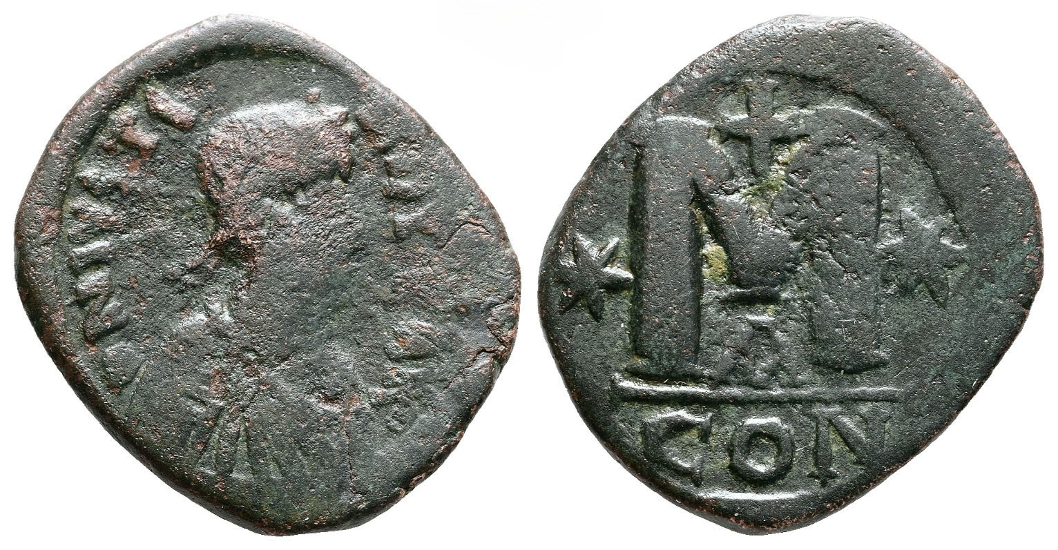 Byzanc – Justin I., follis, Konstantinopol, 518–527