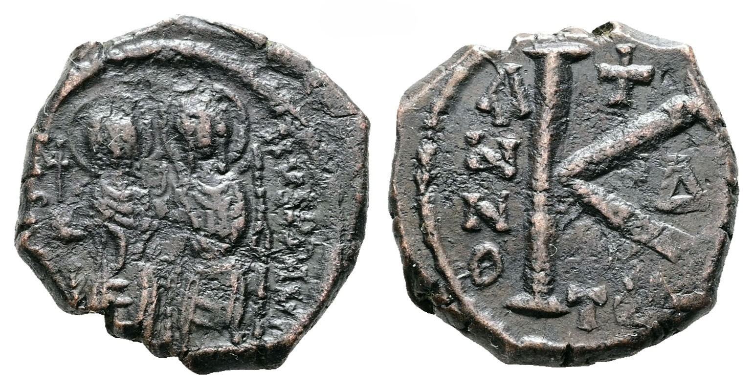 Byzancie – Justin II. a Sofie, půlfollis (20 nummi), Theoupolis (Antiochie), 565–578