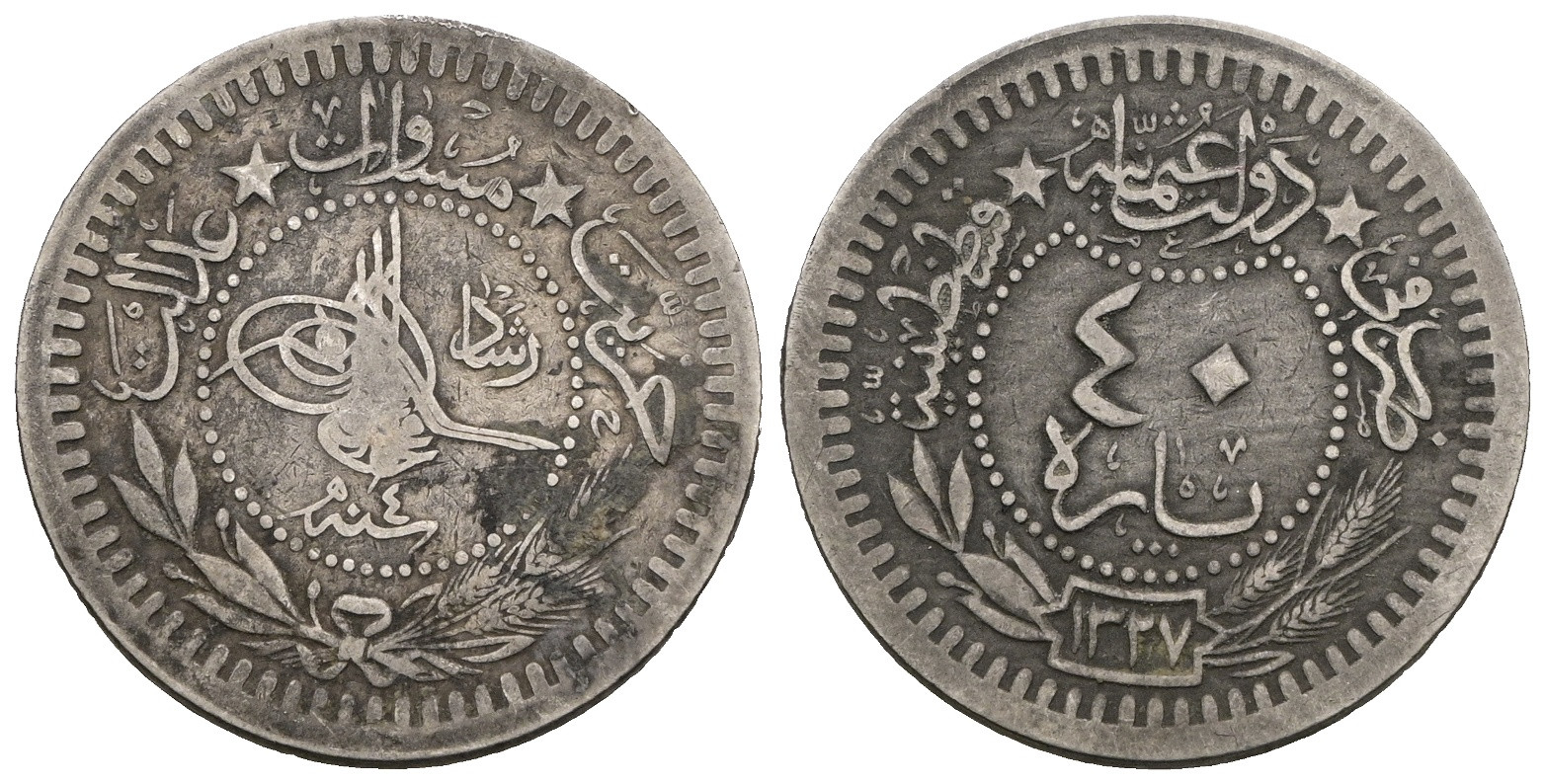 Osmanská říše - 40 para, Mehmed V, 1909, 5.88 g, 22 mm