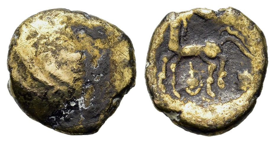 Keltové - Gallie, Remi (?), 1/4 statér z elektronu, pozdní 2.–pol. 1. stol. př. n. l., stylizovaná hlava / kůň vlevo, typ DT 186.
