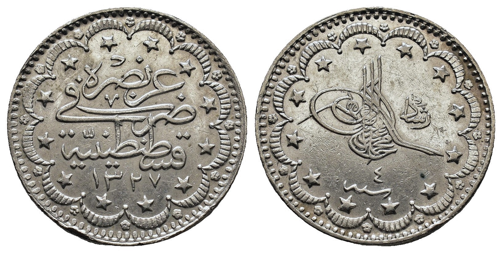 Osmanská říše 5 kuruşů, 1327 (1909), SultánMehmed V. (1909 - 1918) , rok vlády 4
