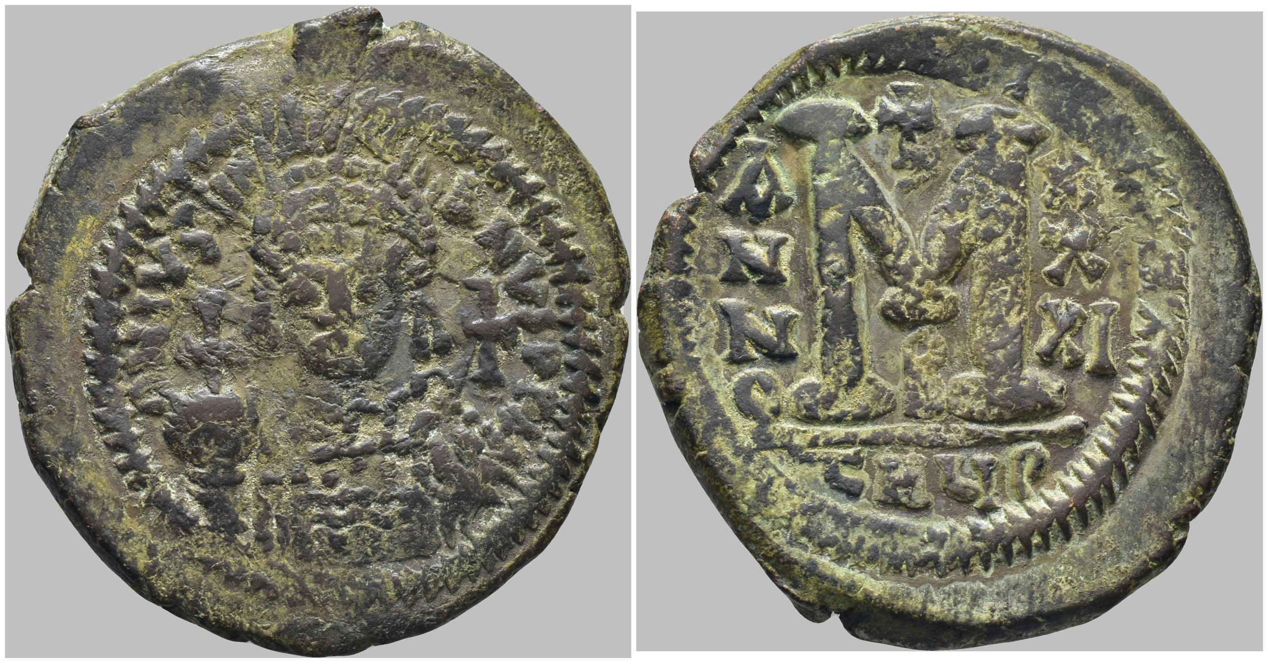 Byzantská říše - Justinian I (527–565) – AE follis, Antiochie, rok 31, officina B