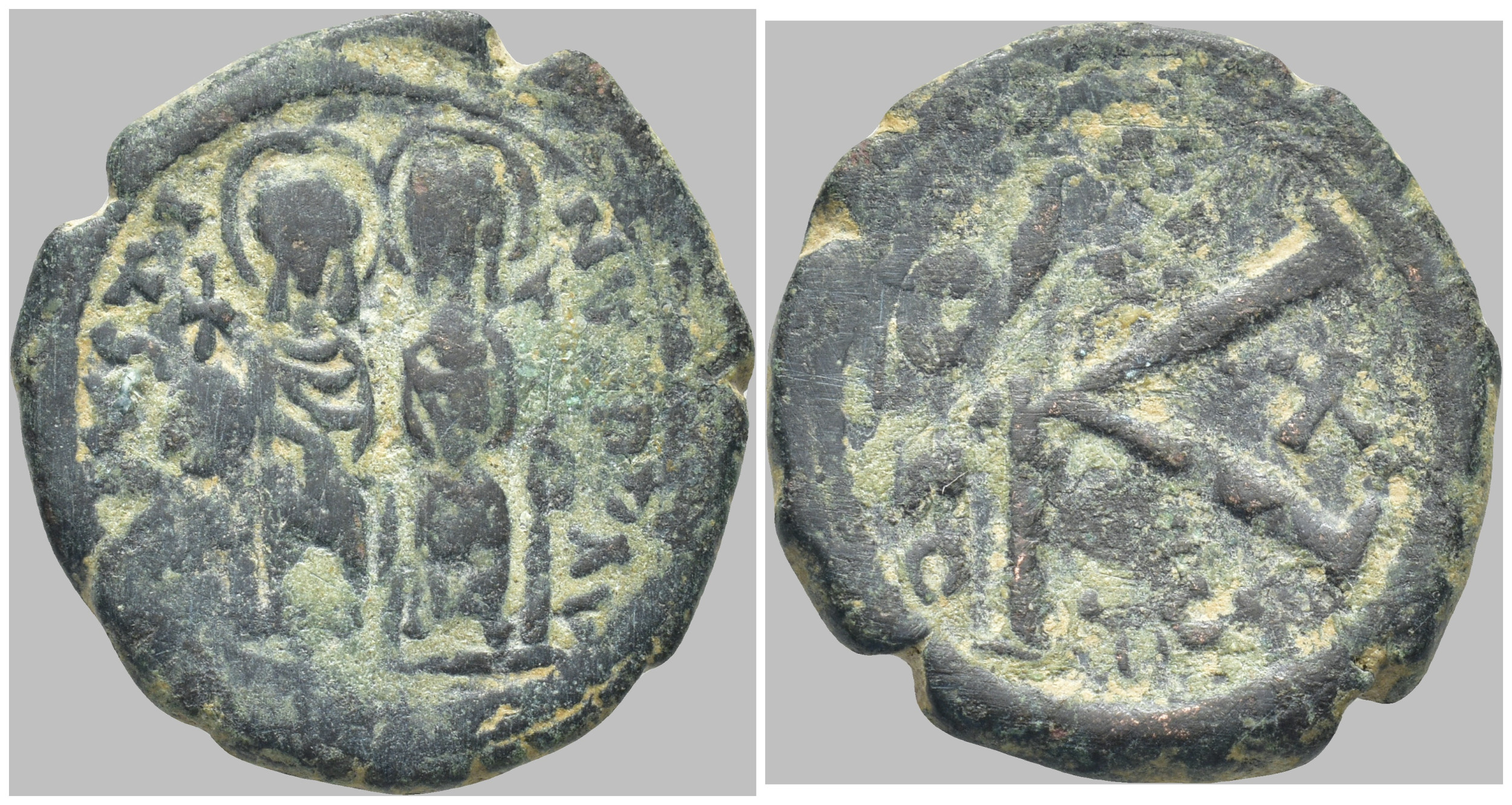 Byzantská říše - Justin II a Sofie (565–578) – AE follis, Konstantinopol, rok 7