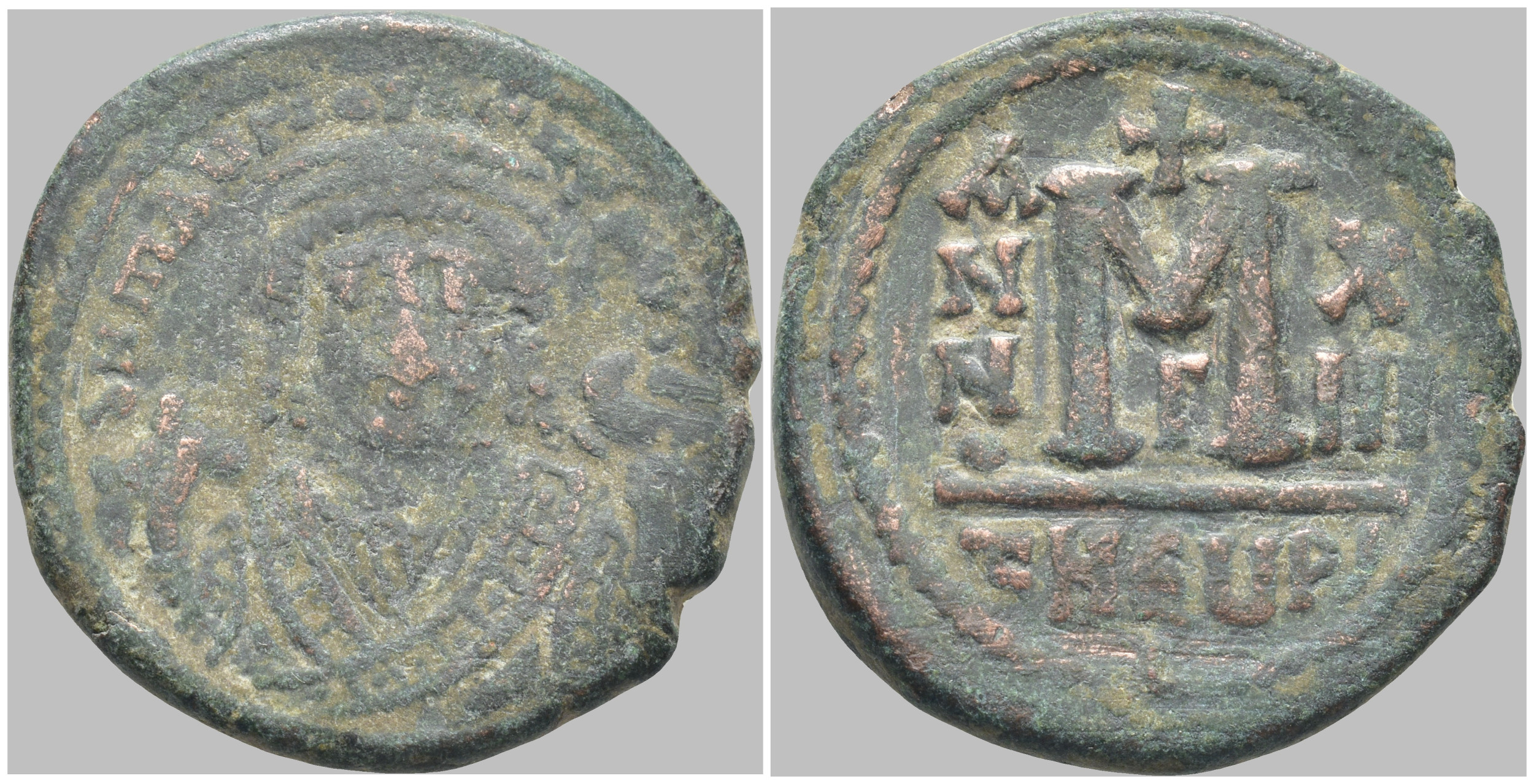 Byzantská říše - Maurice Tiberius (582–602) – AE follis, Antiochie, rok 13