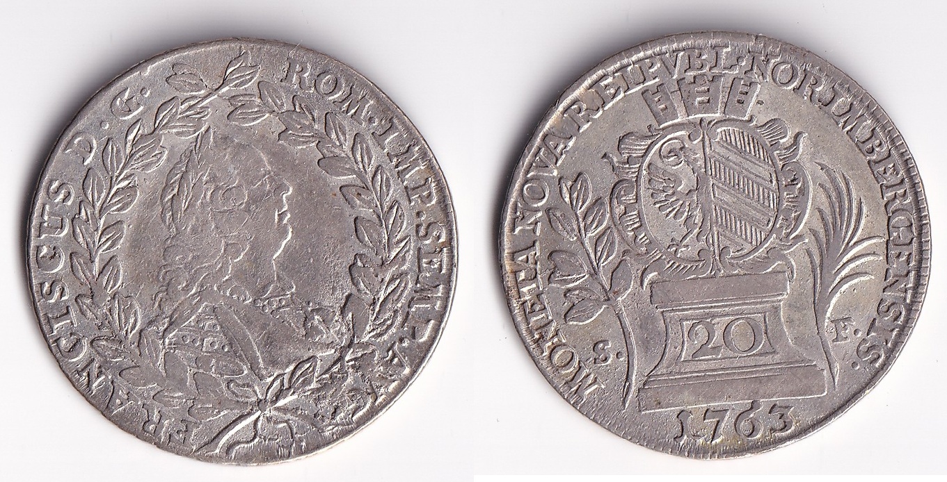 Německo – Norimberk, 20 krejcarů, 1763, František I. Štěpán Lotrinský (1745–1765)