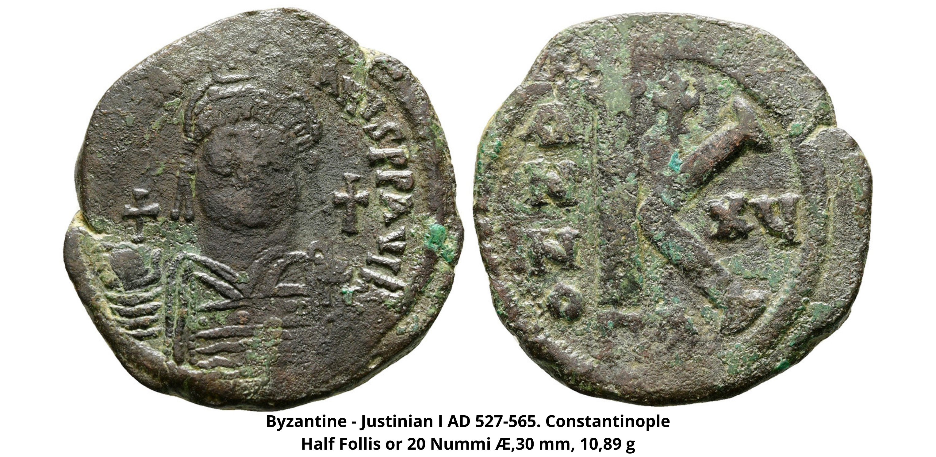 Byzantská říše - Justinian I 527-565 n.l. Constantinople, 1/2 AE Follis nebo 20 Nummi, 30 mm, 10,89 g