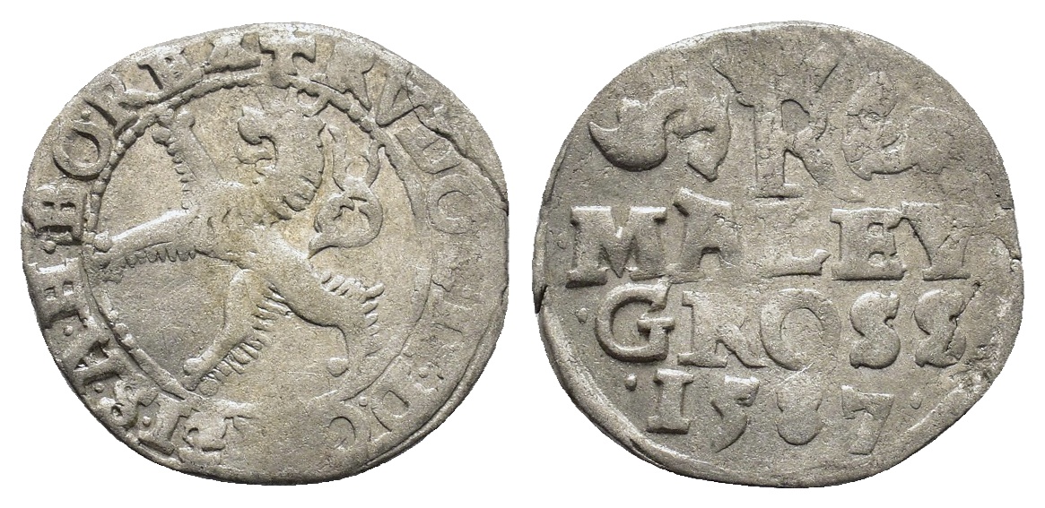 Rakousko - Malý groš 1587, Rudolf II., Praha-Ercker, HN.22, mírně zvlněný, 1,27g