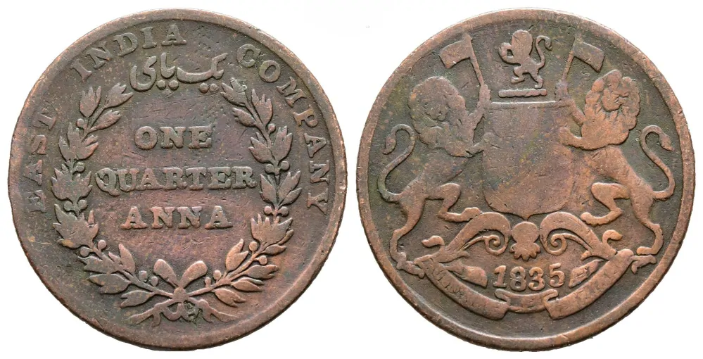 Britská Indie - 1/4 Anna 1835, měď (5,91g/26mm)