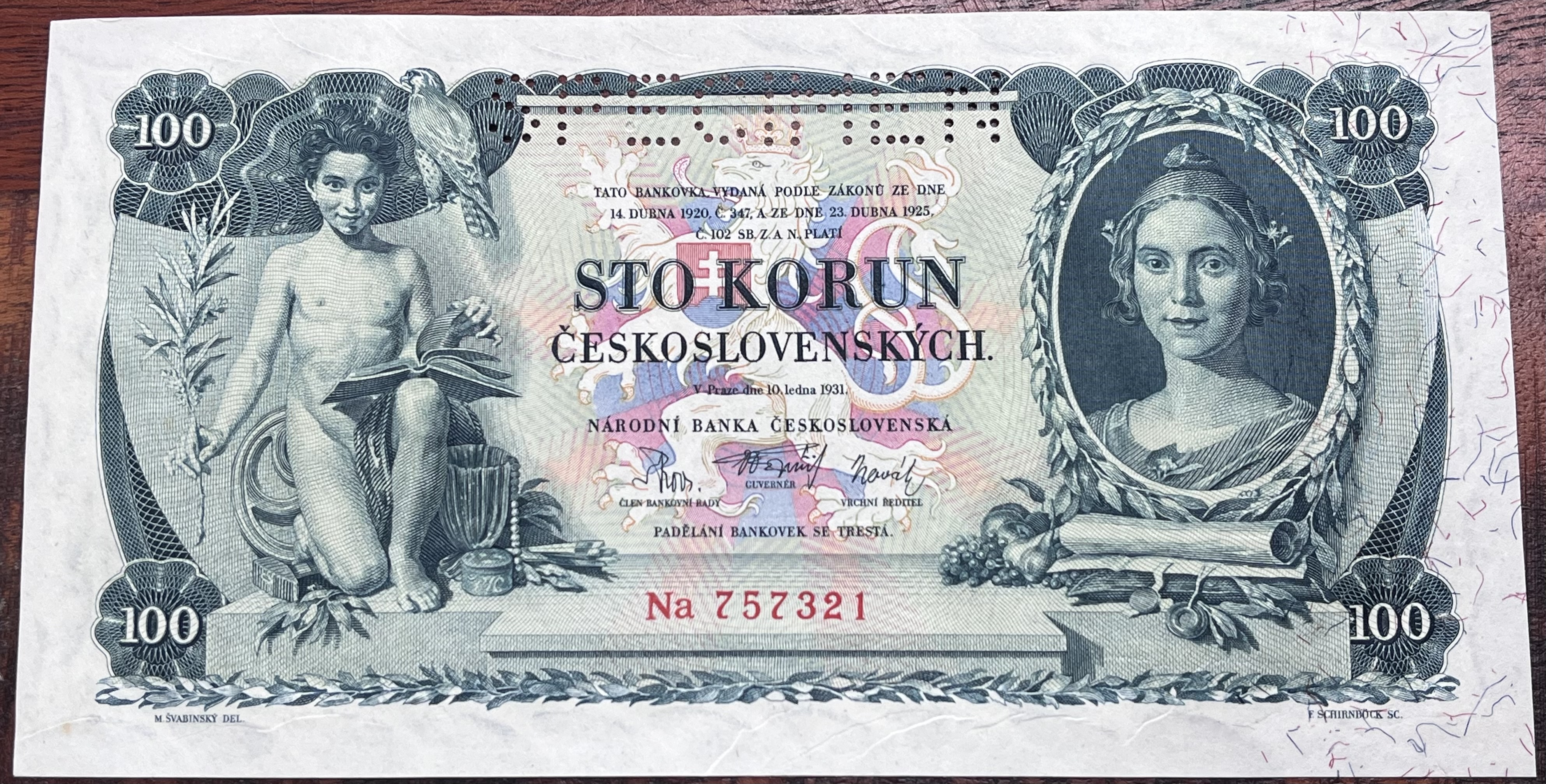 Československo -100 korun, 1931, Na, UNC, Specimen