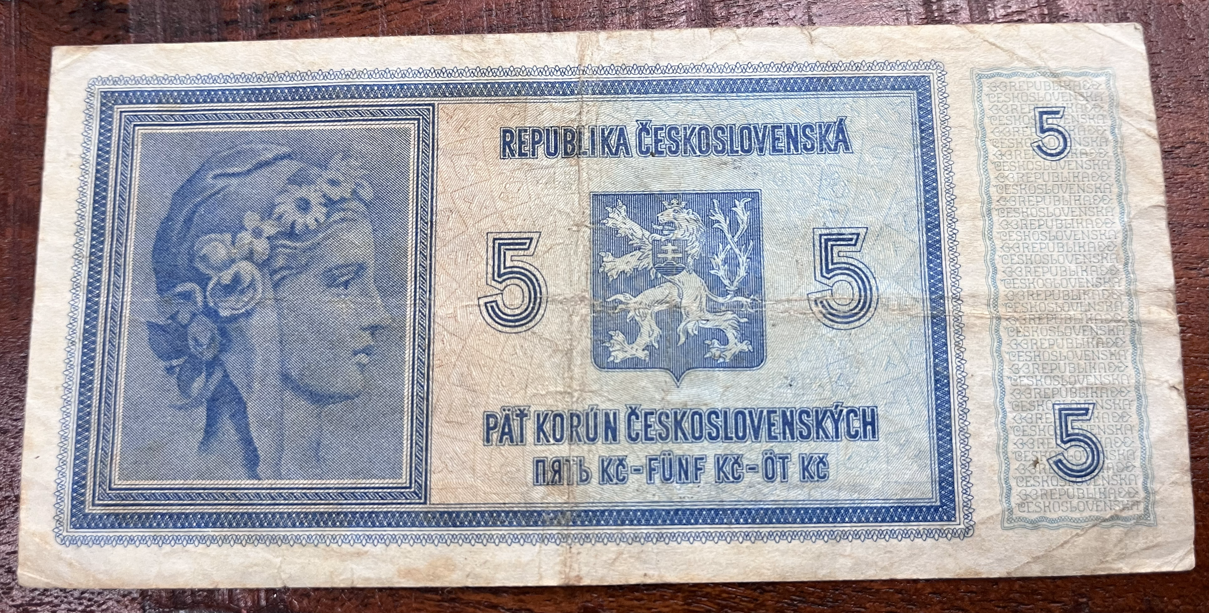 Československo -5 korun , 1938, přetisk 1940
