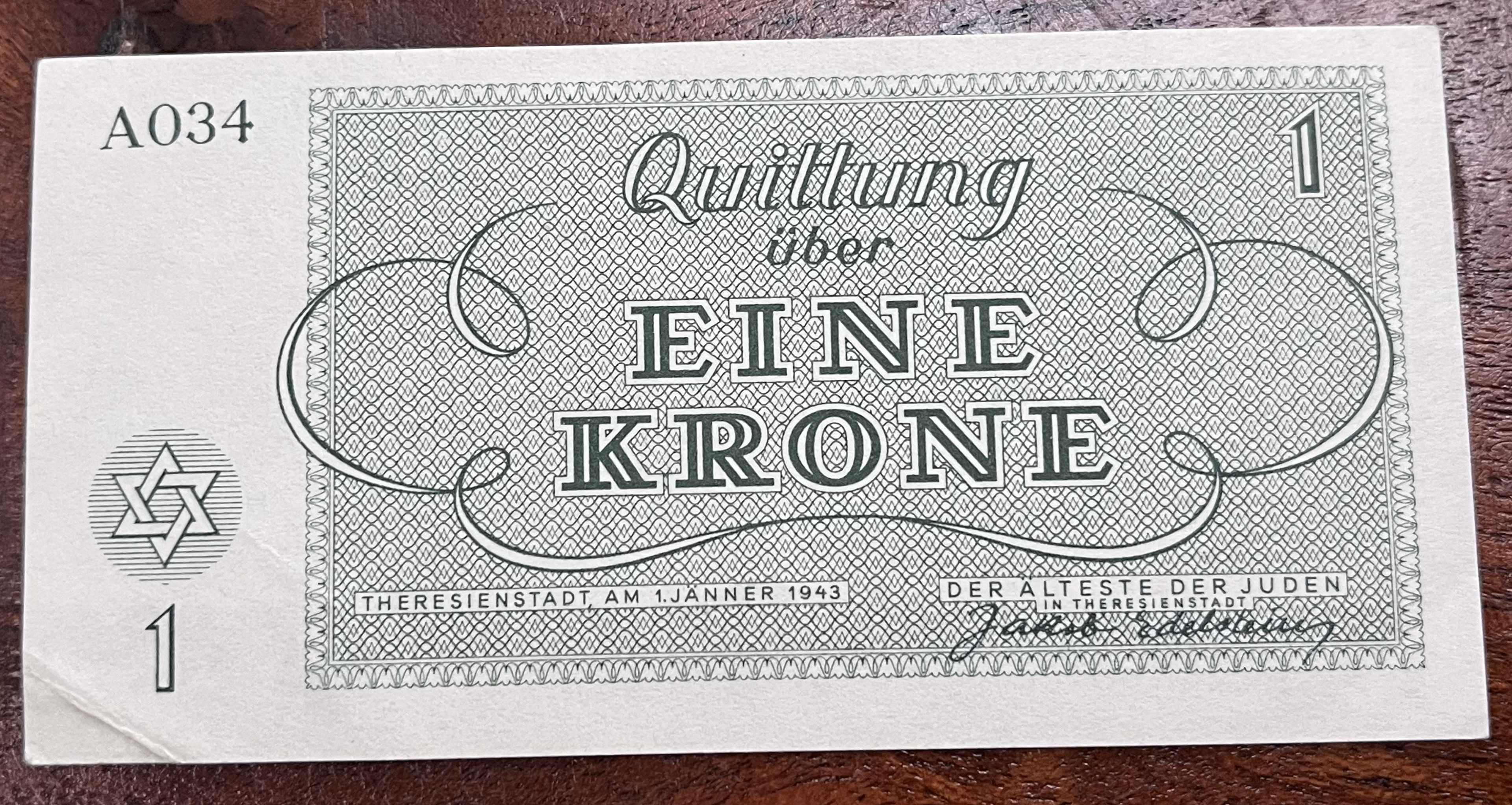 Československo -1 krone, 1943, Terezín A 034, AUNC
