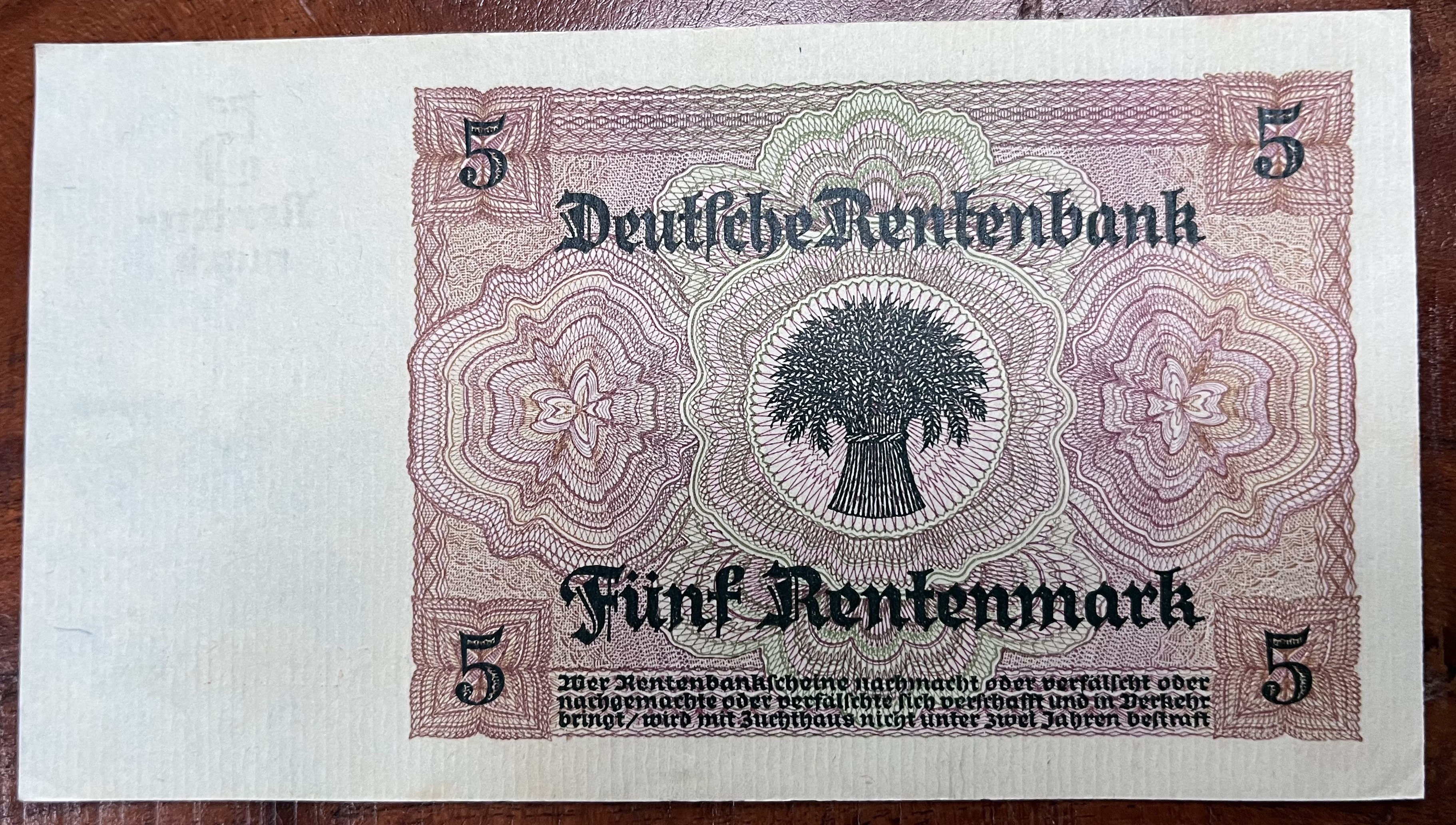 Nemecko - 5 Rentenmark 1926 B Geldschein, 1926-01-25 Aunc