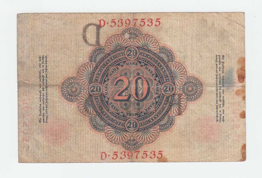Bankovka, Německo, 20 Marka 1908, Pick.31, Ros.31 - podtisk D - série D