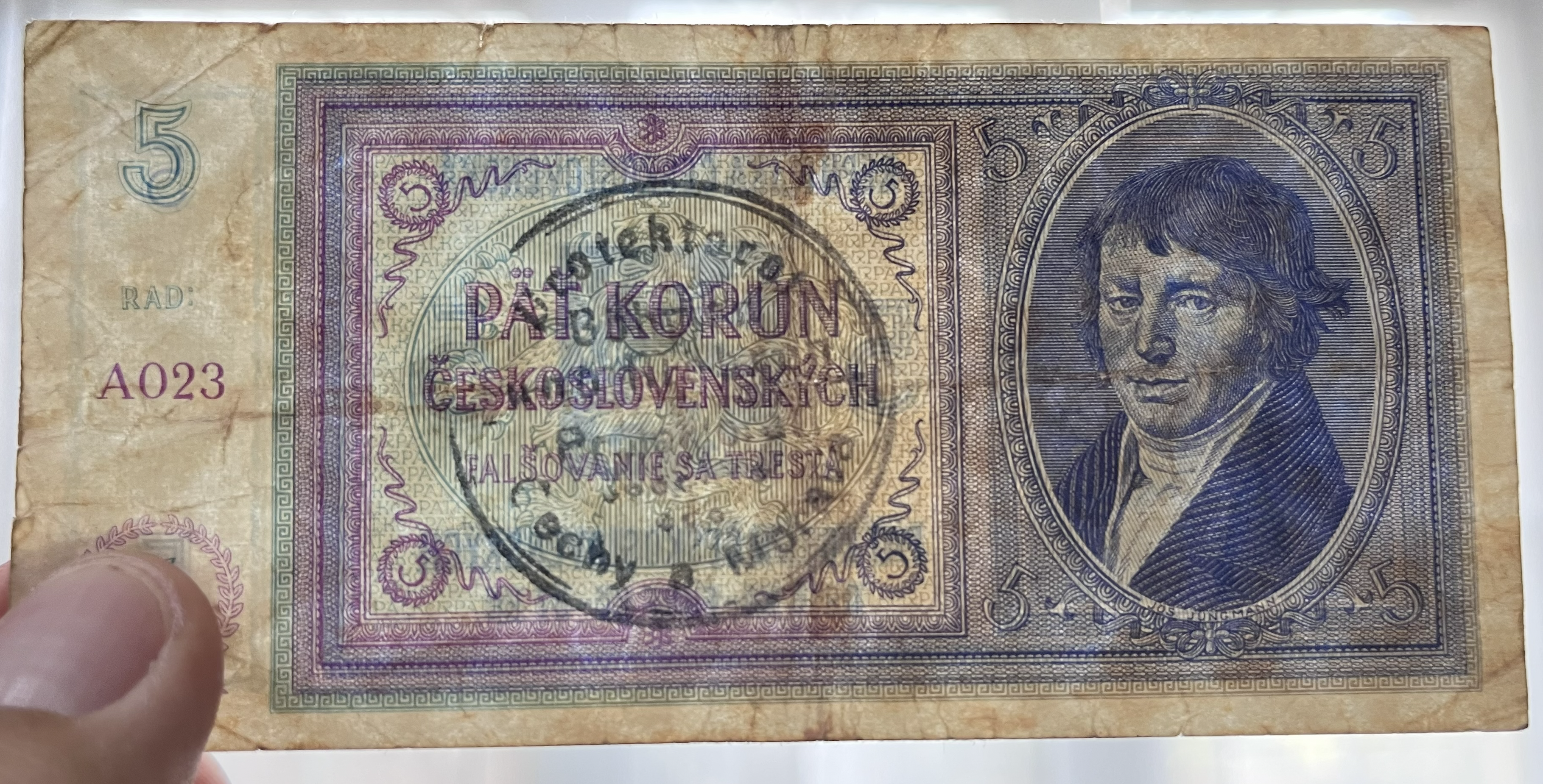 Československo -5 korun , 1938, přetisk 1940