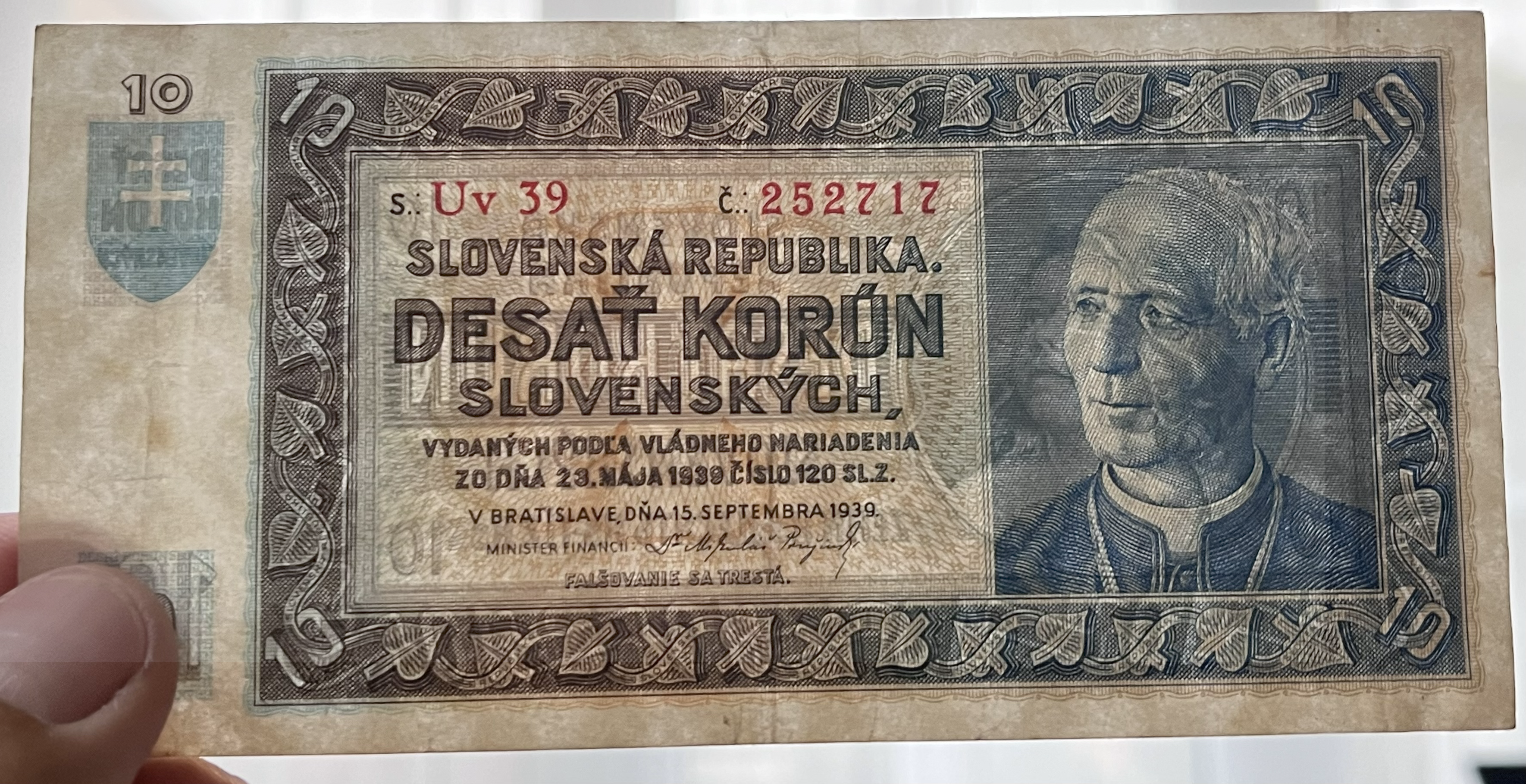 Československo -10 korún, 1939, Uv39