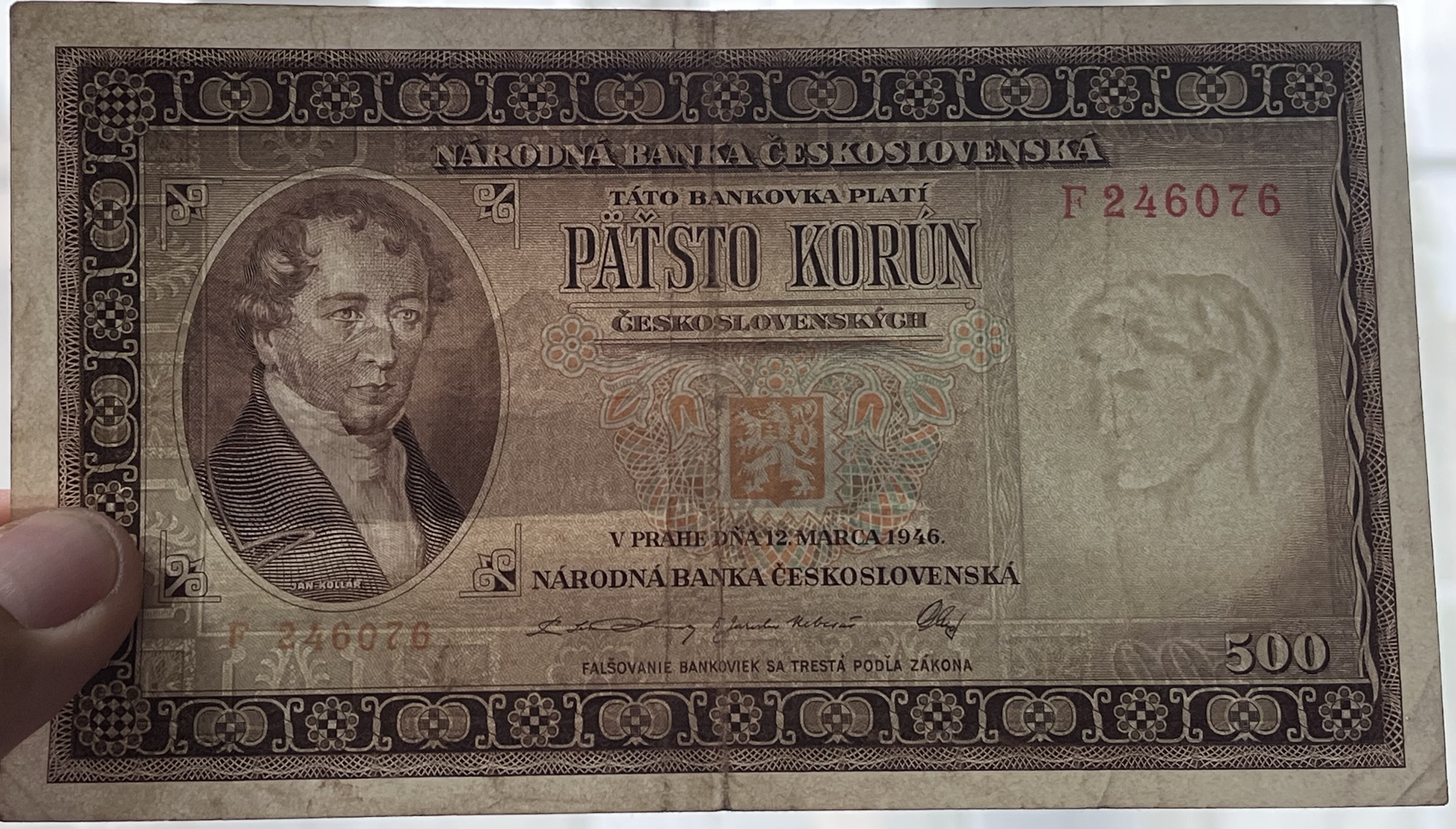 Československo -500 korun, 1946, F