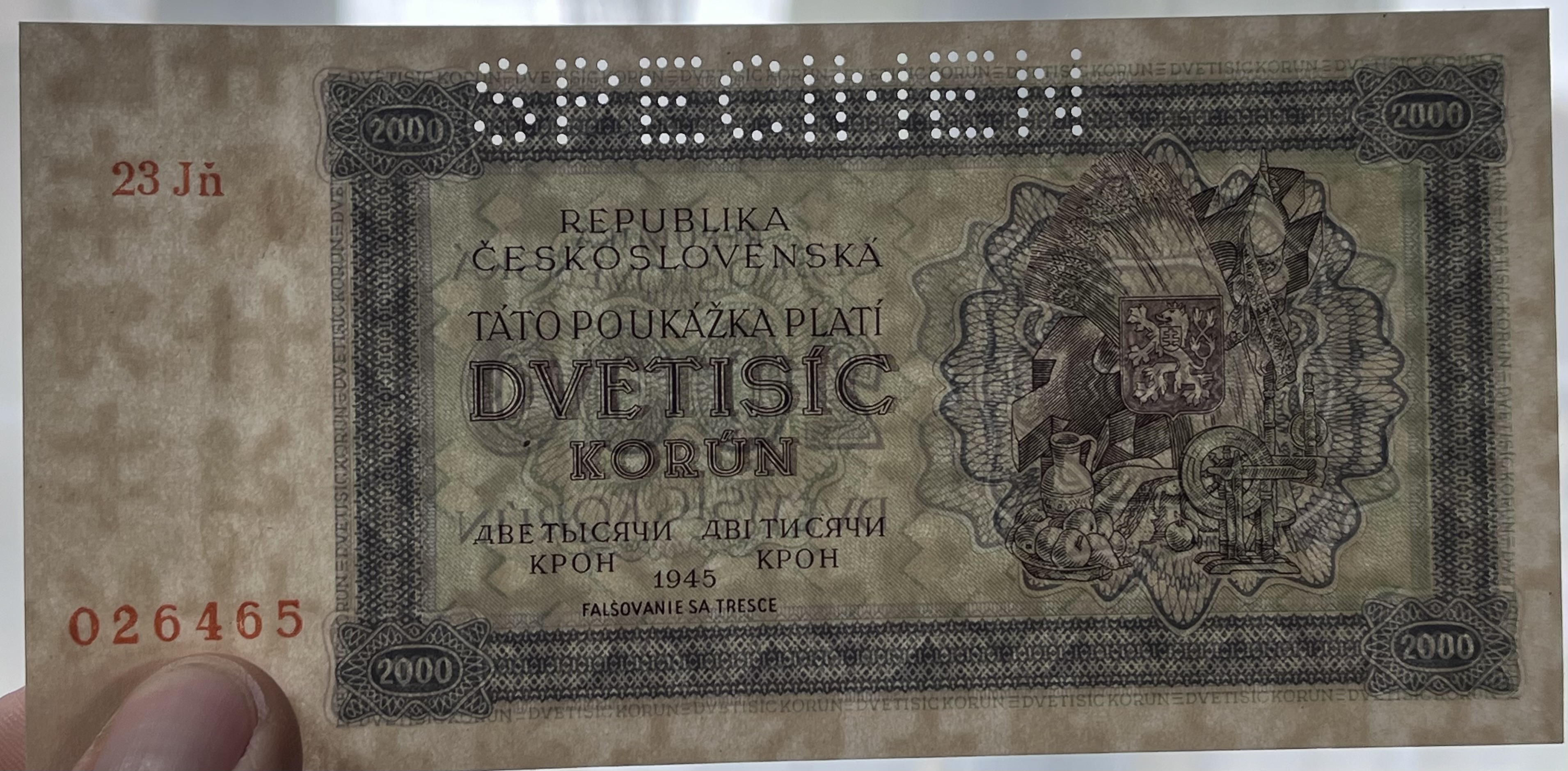 Slovensko  - 2000 Ks - 1945 - Jň - Aunc- Specimen