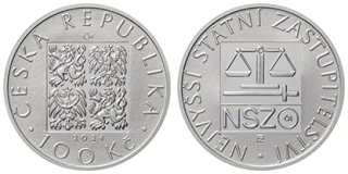 100 Kč 2024. Pamětní stříbrná mince s motivem Nejvyššího státního zastupitelství PROOF