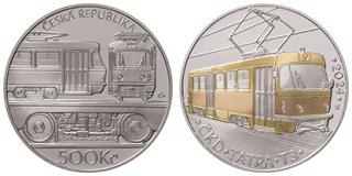 500 Kč 2023. Pamětní stříbrná pětisetkoruna s dílčím pokovením „Tramvaj ČKD Tatra T3“ BK