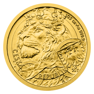 Zlatá 1/25oz investiční mince Český lev 2025 stand