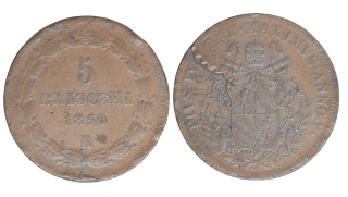 Itálie - 5 Baiocchi, 1850, Papežské státy, 39,61g, 41 mm R