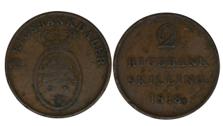 Dánsko - 2 Riesbank Skilling, 1818, 15g, 31mm