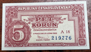 Československo -5 korun, 1949, A 18, UNC