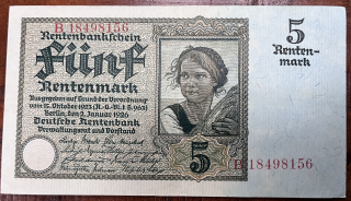 Nemecko - 5 Rentenmark 1926 B Geldschein, 1926-01-25 Aunc