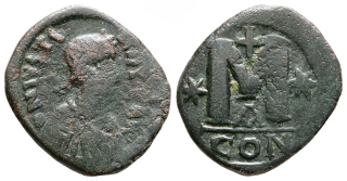 Byzanc – Justin I., follis, Konstantinopol, 518–527