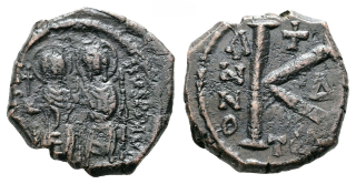 Byzancie – Justin II. a Sofie, půlfollis (20 nummi), Theoupolis (Antiochie), 565–578