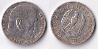 Německo - 5 Mark 1936 A, Hindemburg