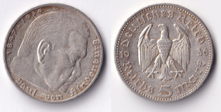 Německo - 5 Mark 1936 A, Hindemburg