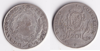 Německo – Bavorsko, kurfiřtství – 20 krejcarů, 1769, Maxmilián III. Josef (1745–1777)