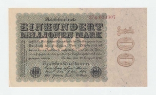 Bankovka, Německo, 100 Mio Marek 22.8.1923, Pick.107a, Ros.106c - série