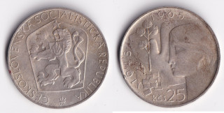 Československo - 25 korun, 1965, 20 let osvobození ČSR