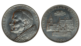 Československo - Medaile, 1990, Jan Pavel II. Pont. Max. Praha . Velehrad . Bratislava. 7g, 27mm